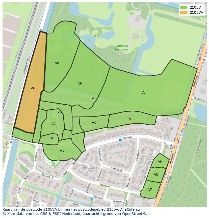 Afbeelding van het postcodegebied 2105 VA op de kaart.