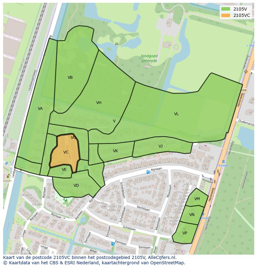 Afbeelding van het postcodegebied 2105 VC op de kaart.