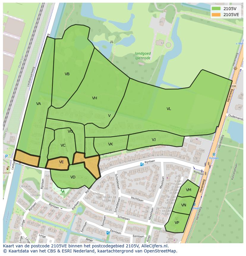 Afbeelding van het postcodegebied 2105 VE op de kaart.