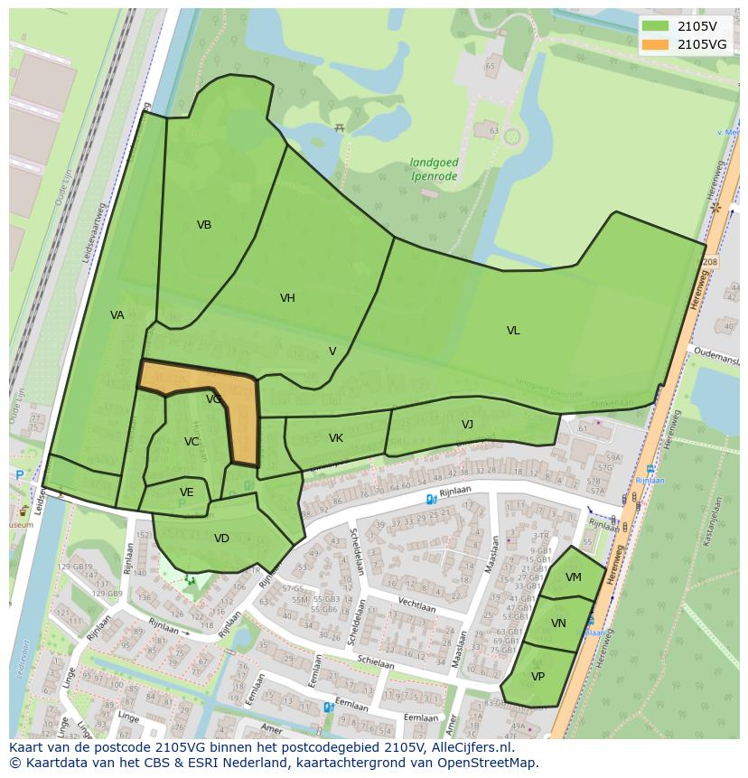 Afbeelding van het postcodegebied 2105 VG op de kaart.