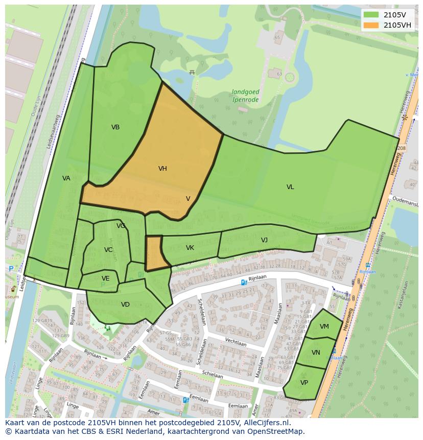 Afbeelding van het postcodegebied 2105 VH op de kaart.