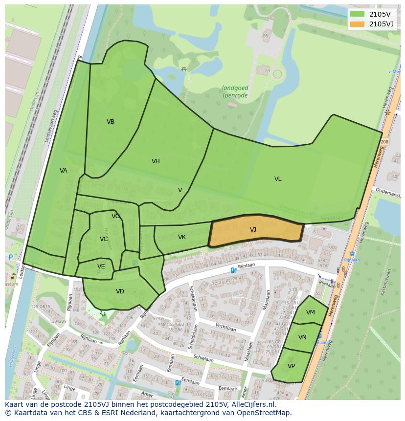 Afbeelding van het postcodegebied 2105 VJ op de kaart.