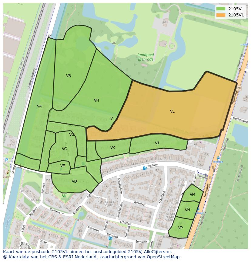 Afbeelding van het postcodegebied 2105 VL op de kaart.