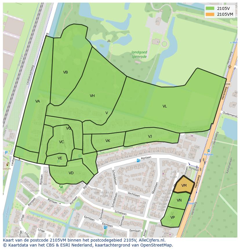 Afbeelding van het postcodegebied 2105 VM op de kaart.