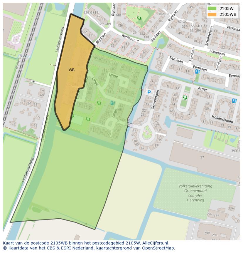 Afbeelding van het postcodegebied 2105 WB op de kaart.
