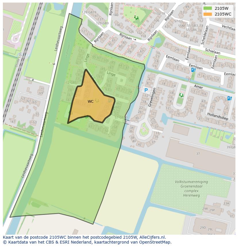 Afbeelding van het postcodegebied 2105 WC op de kaart.