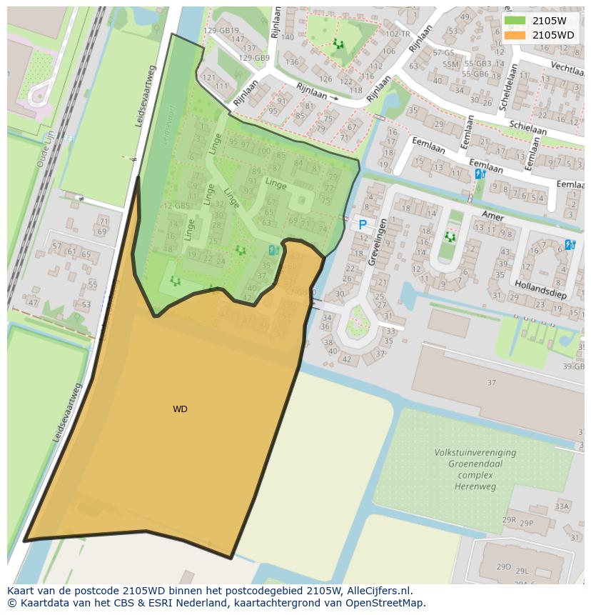 Afbeelding van het postcodegebied 2105 WD op de kaart.