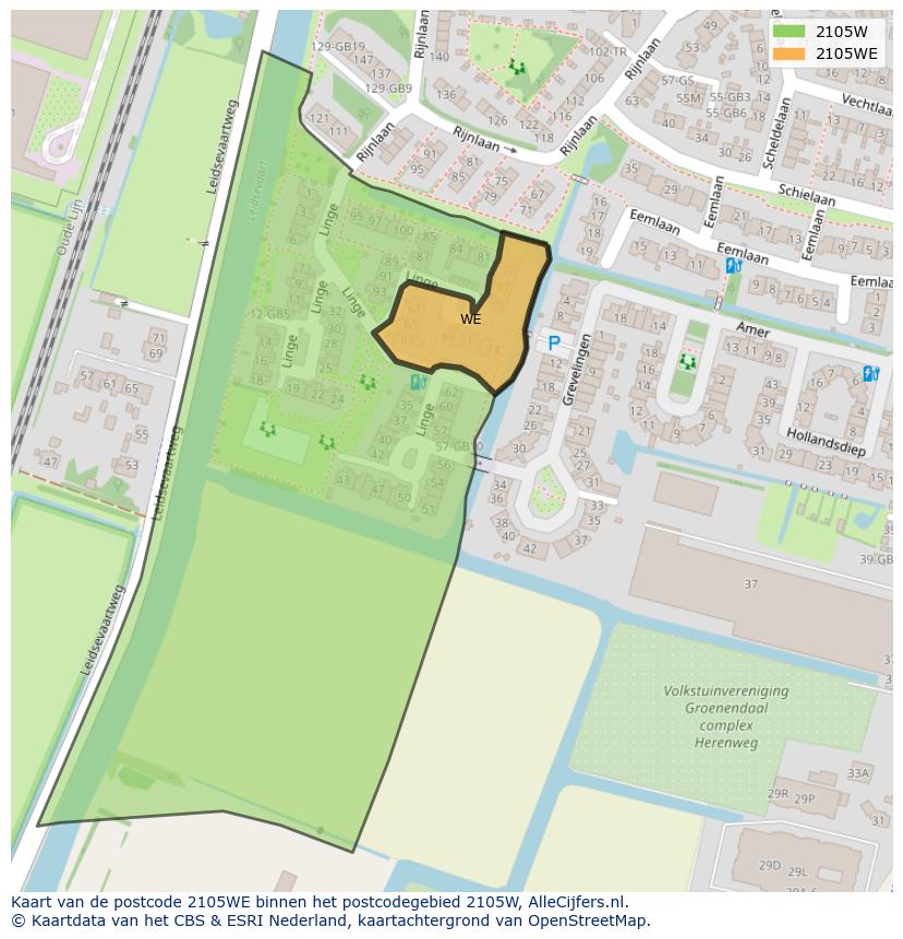 Afbeelding van het postcodegebied 2105 WE op de kaart.