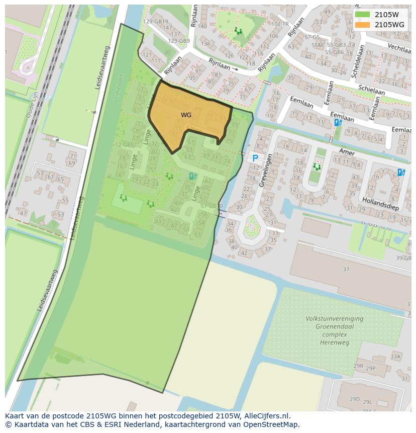 Afbeelding van het postcodegebied 2105 WG op de kaart.