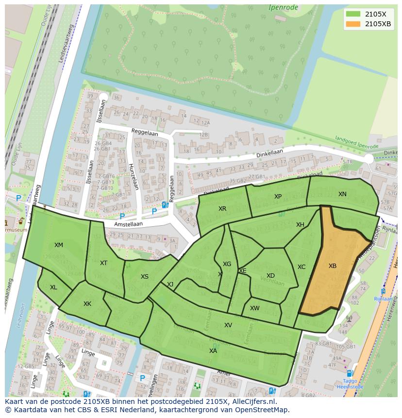 Afbeelding van het postcodegebied 2105 XB op de kaart.