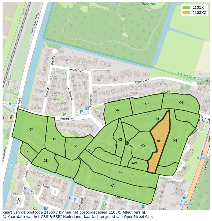 Afbeelding van het postcodegebied 2105 XC op de kaart.