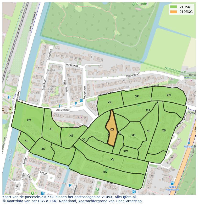 Afbeelding van het postcodegebied 2105 XG op de kaart.