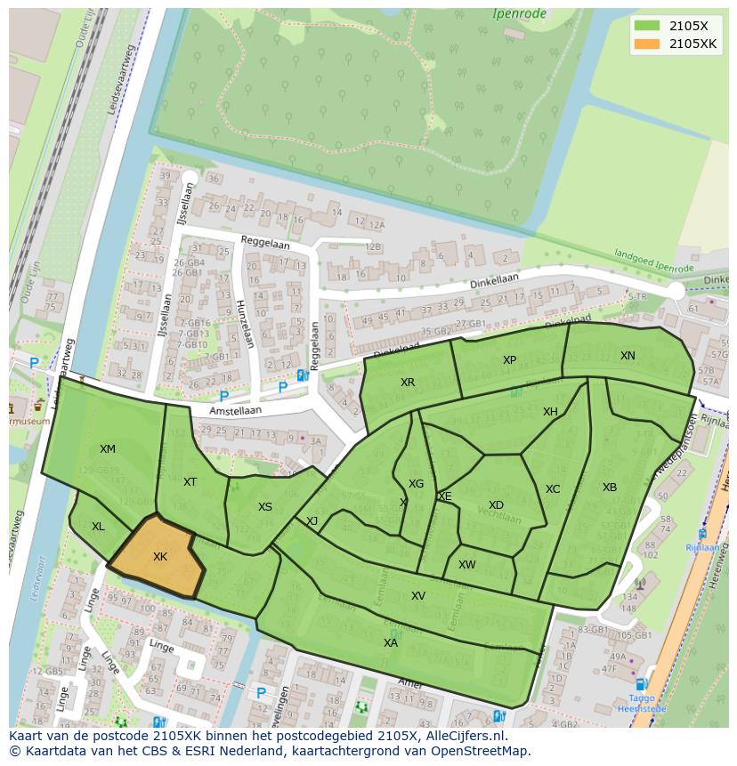 Afbeelding van het postcodegebied 2105 XK op de kaart.