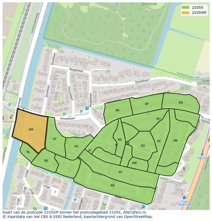 Afbeelding van het postcodegebied 2105 XM op de kaart.