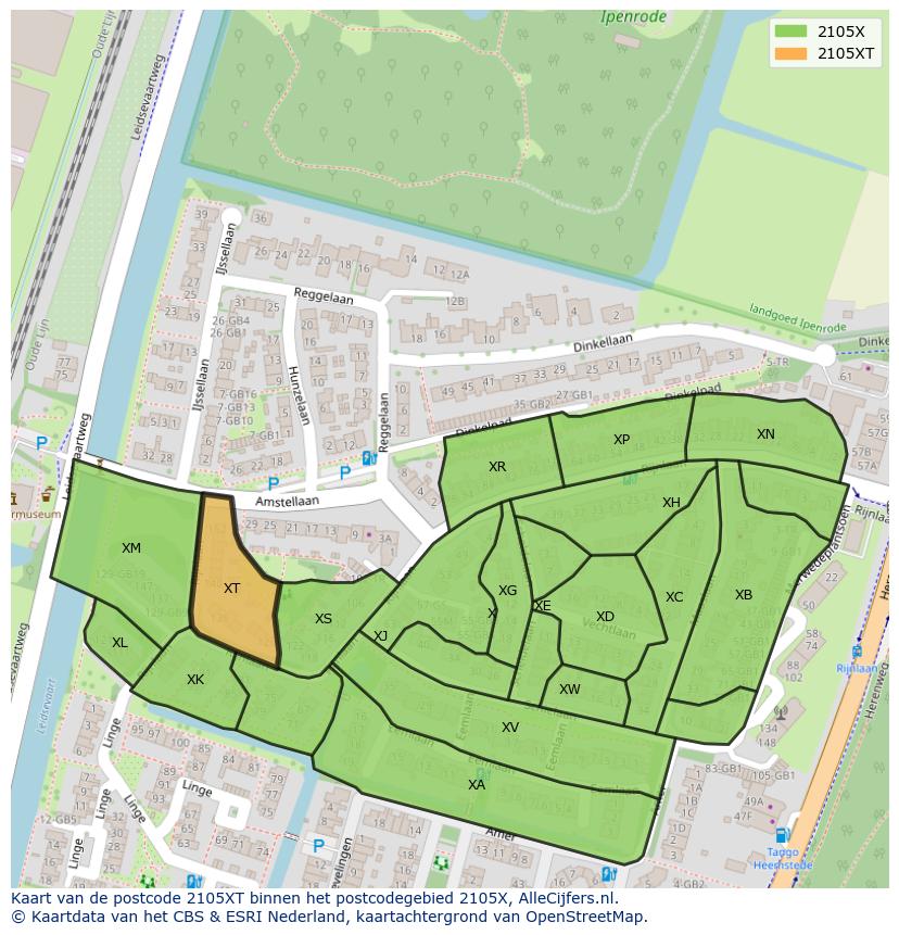 Afbeelding van het postcodegebied 2105 XT op de kaart.
