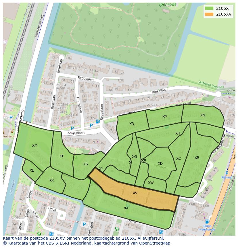 Afbeelding van het postcodegebied 2105 XV op de kaart.