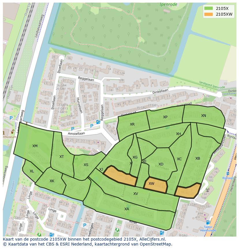 Afbeelding van het postcodegebied 2105 XW op de kaart.
