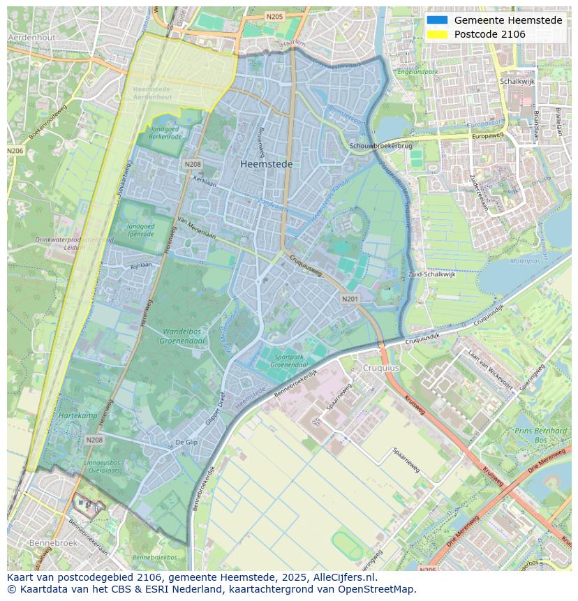 Afbeelding van het postcodegebied 2106 op de kaart.