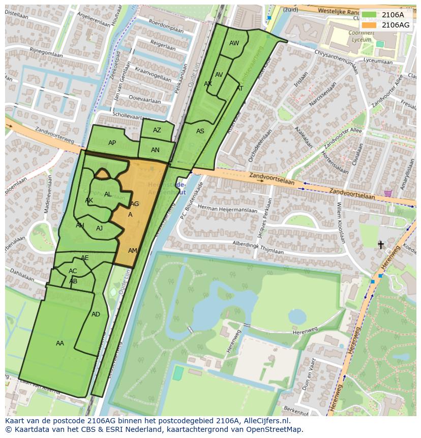 Afbeelding van het postcodegebied 2106 AG op de kaart.