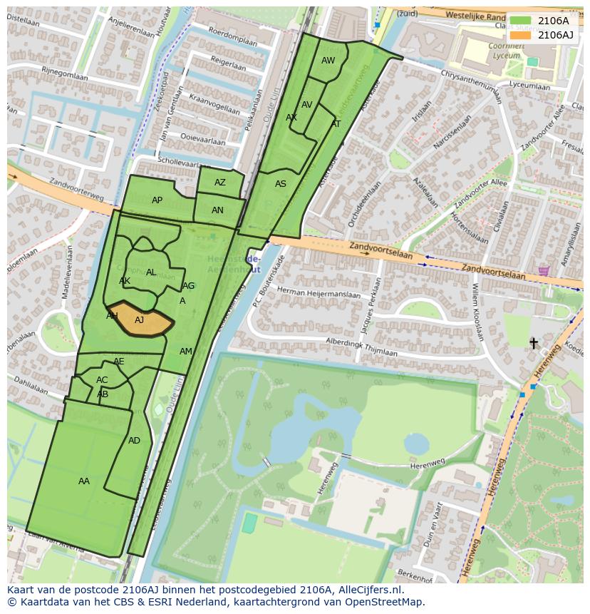 Afbeelding van het postcodegebied 2106 AJ op de kaart.