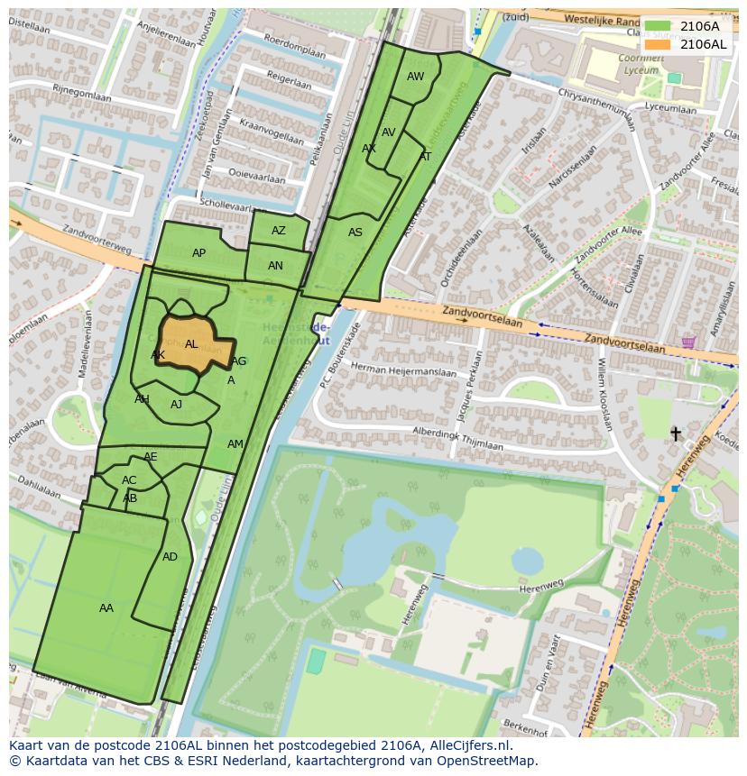 Afbeelding van het postcodegebied 2106 AL op de kaart.