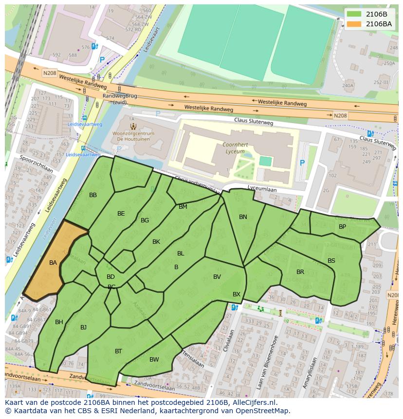 Afbeelding van het postcodegebied 2106 BA op de kaart.