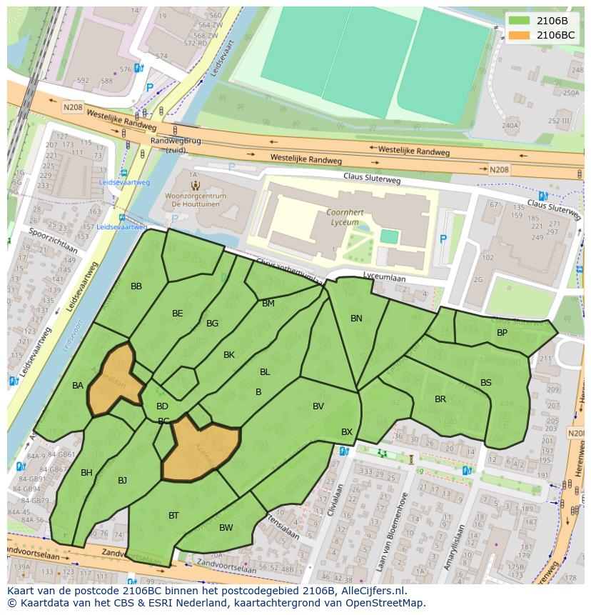 Afbeelding van het postcodegebied 2106 BC op de kaart.