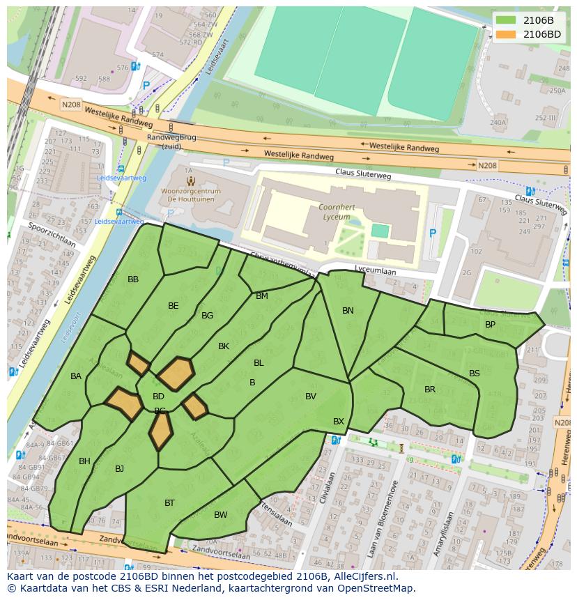 Afbeelding van het postcodegebied 2106 BD op de kaart.