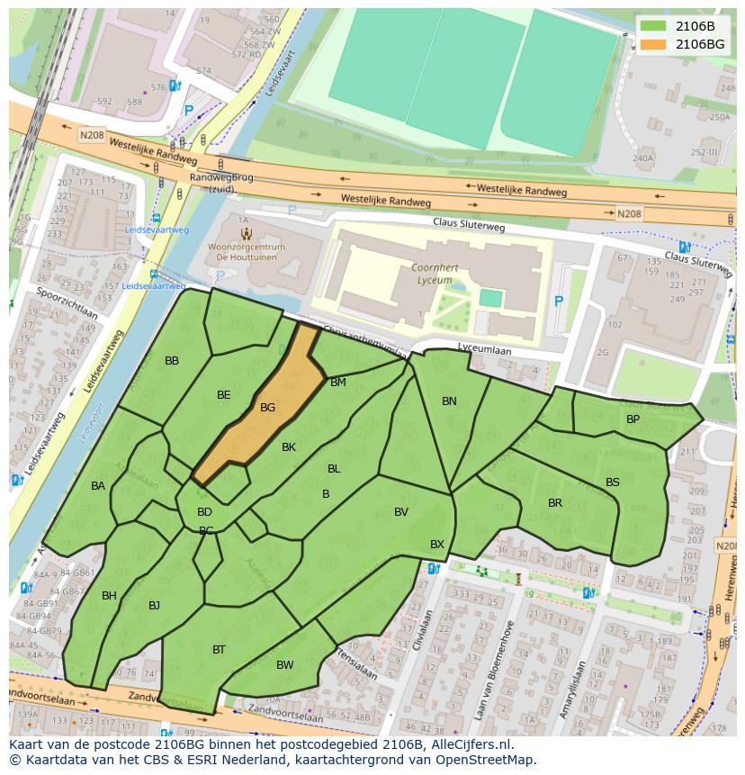 Afbeelding van het postcodegebied 2106 BG op de kaart.