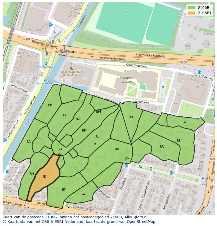 Afbeelding van het postcodegebied 2106 BJ op de kaart.
