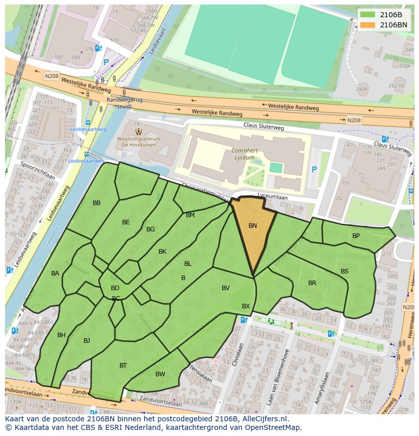 Afbeelding van het postcodegebied 2106 BN op de kaart.