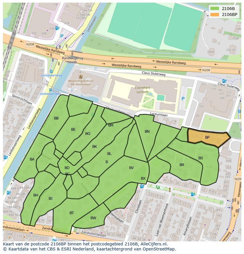 Afbeelding van het postcodegebied 2106 BP op de kaart.