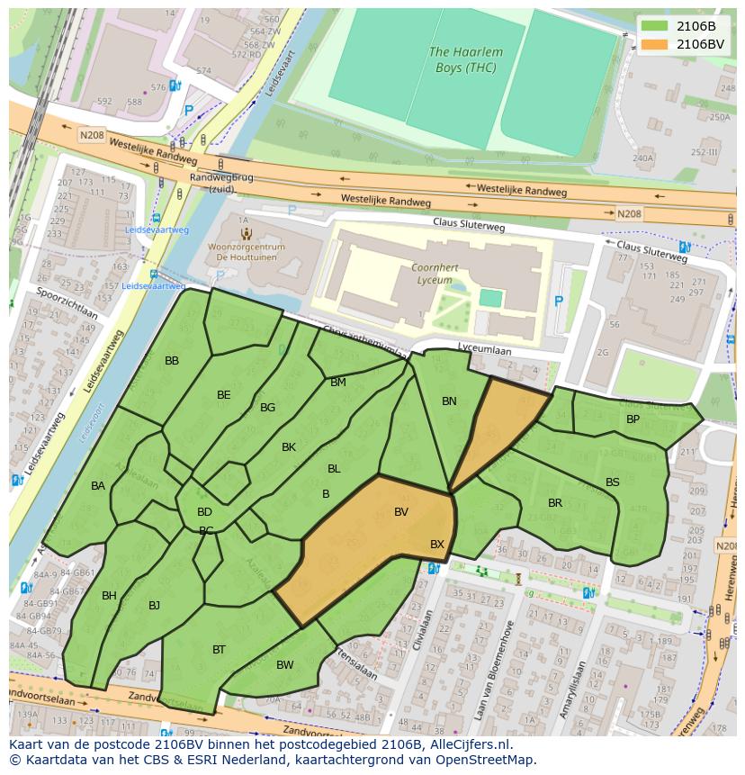 Afbeelding van het postcodegebied 2106 BV op de kaart.