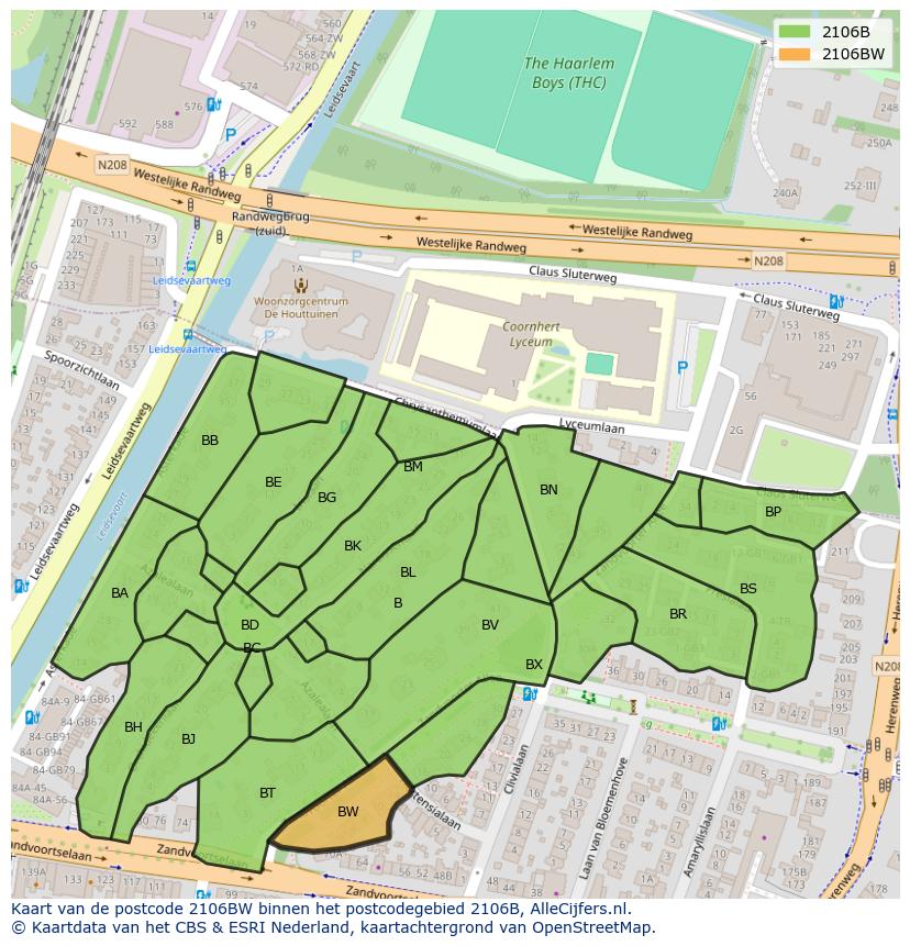 Afbeelding van het postcodegebied 2106 BW op de kaart.