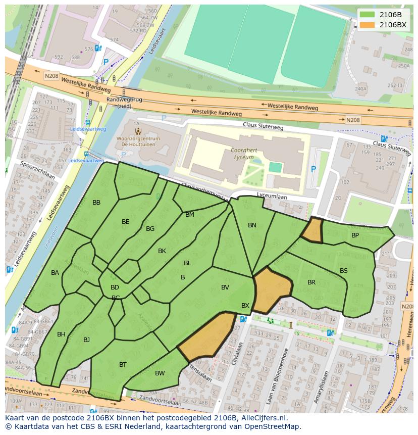 Afbeelding van het postcodegebied 2106 BX op de kaart.