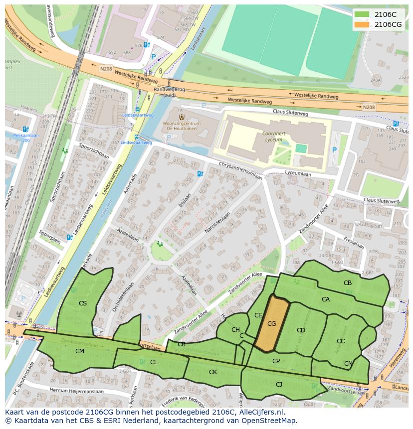 Afbeelding van het postcodegebied 2106 CG op de kaart.