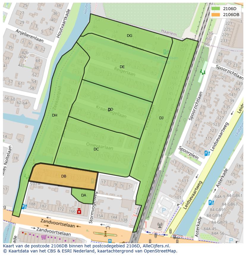 Afbeelding van het postcodegebied 2106 DB op de kaart.