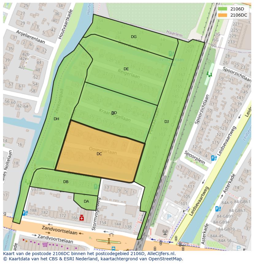 Afbeelding van het postcodegebied 2106 DC op de kaart.