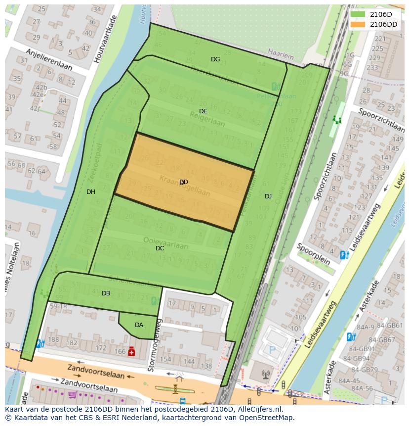 Afbeelding van het postcodegebied 2106 DD op de kaart.