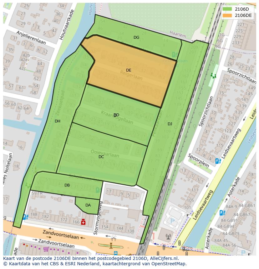 Afbeelding van het postcodegebied 2106 DE op de kaart.