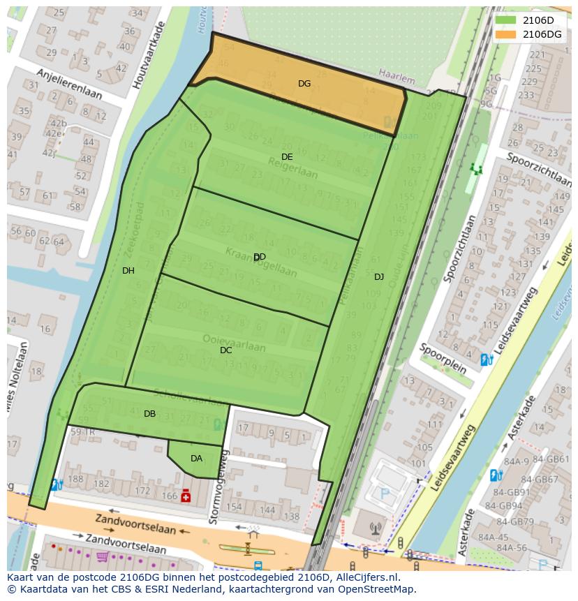 Afbeelding van het postcodegebied 2106 DG op de kaart.