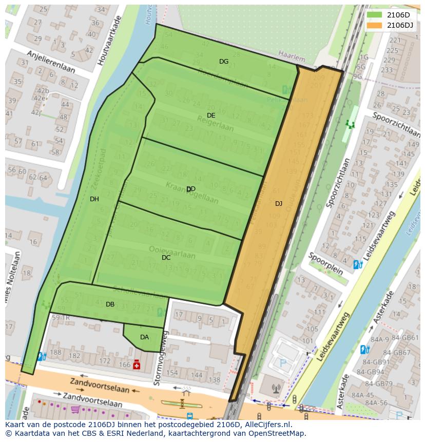 Afbeelding van het postcodegebied 2106 DJ op de kaart.