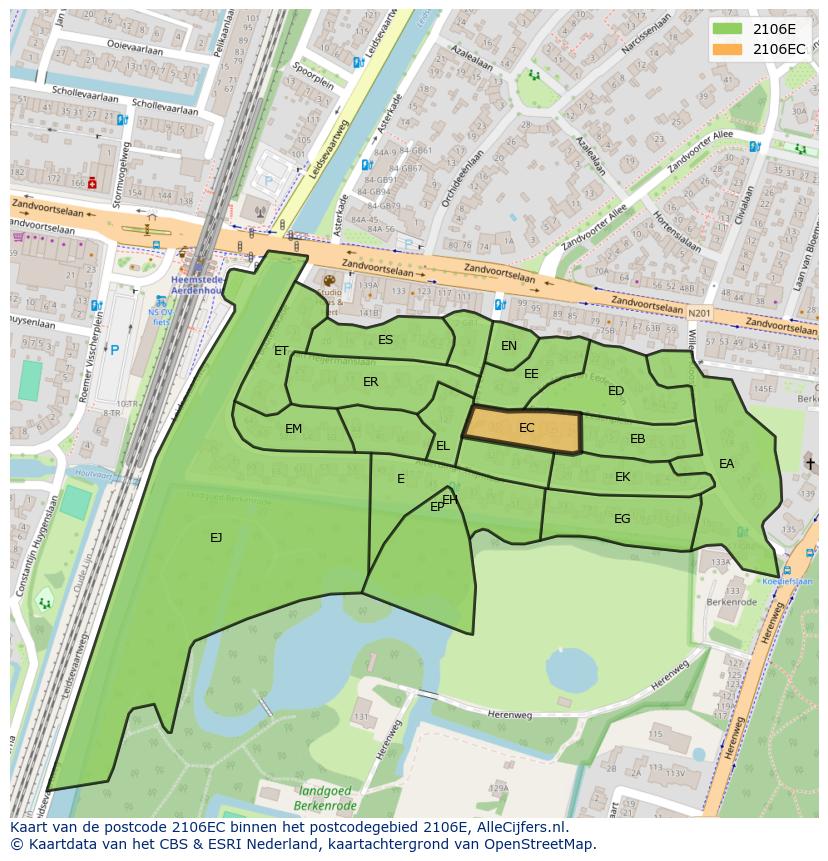 Afbeelding van het postcodegebied 2106 EC op de kaart.