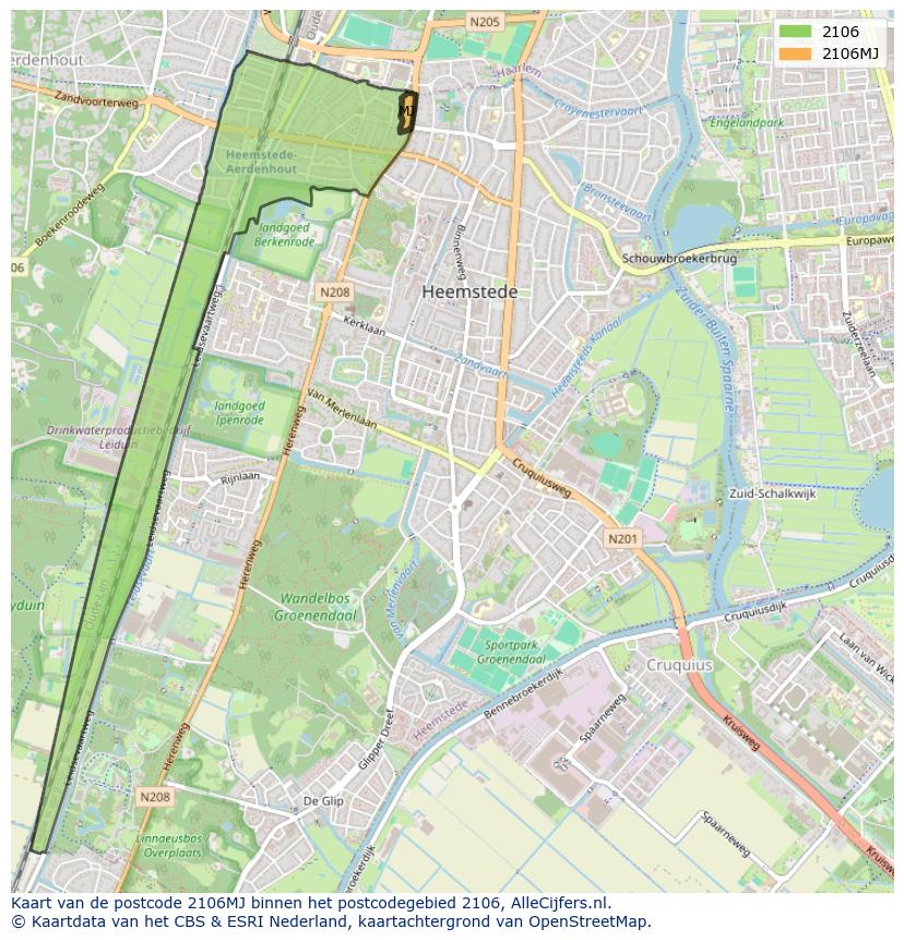 Afbeelding van het postcodegebied 2106 MJ op de kaart.