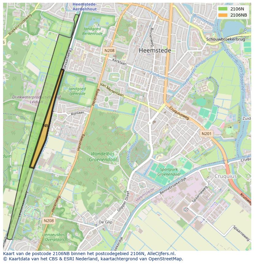 Afbeelding van het postcodegebied 2106 NB op de kaart.
