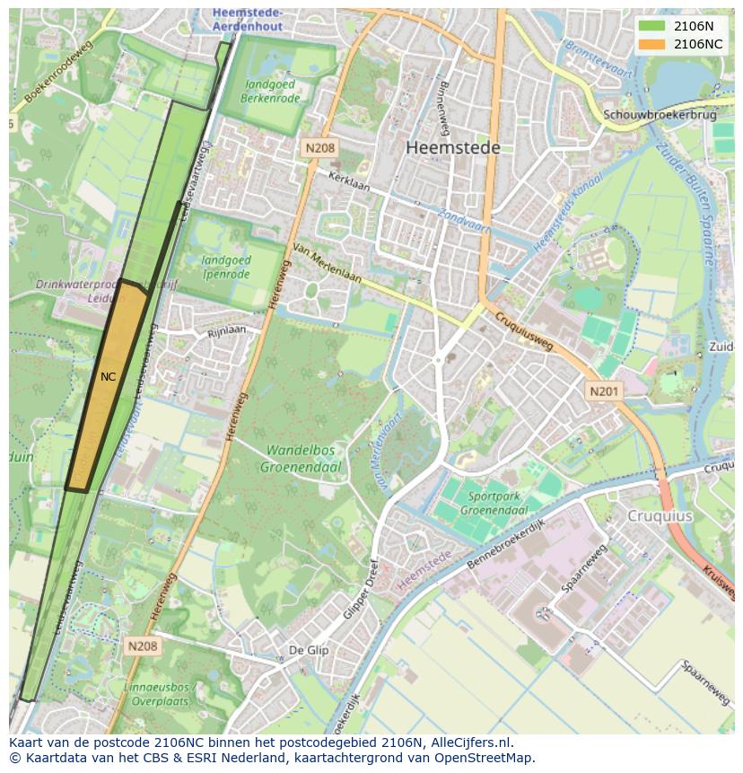 Afbeelding van het postcodegebied 2106 NC op de kaart.