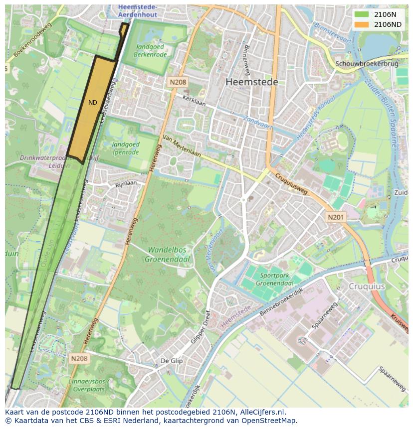 Afbeelding van het postcodegebied 2106 ND op de kaart.