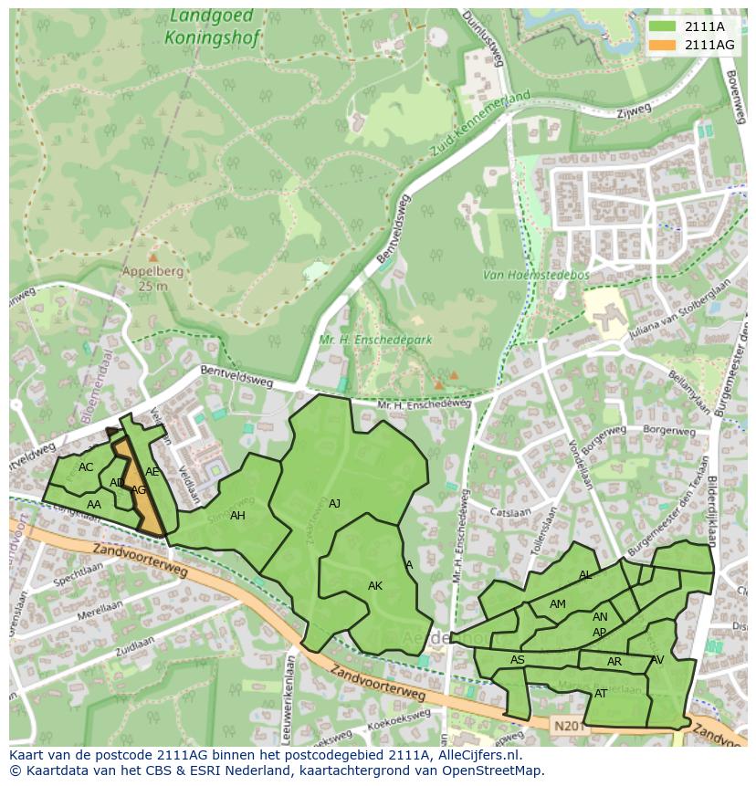 Afbeelding van het postcodegebied 2111 AG op de kaart.