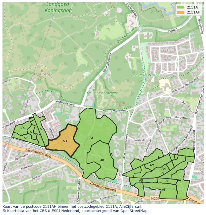 Afbeelding van het postcodegebied 2111 AH op de kaart.