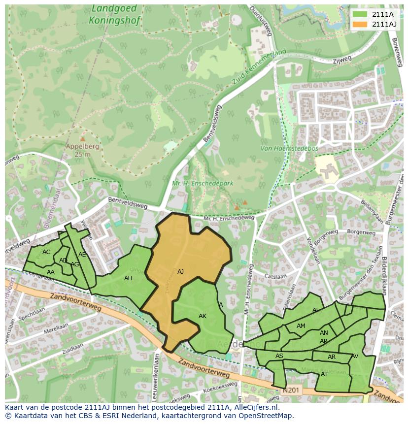 Afbeelding van het postcodegebied 2111 AJ op de kaart.